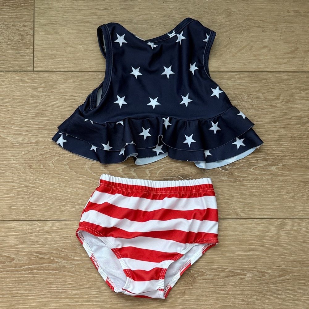 Toddler Girl Navy Star Ruffle Tankini with Red & White Stripe Bottoms